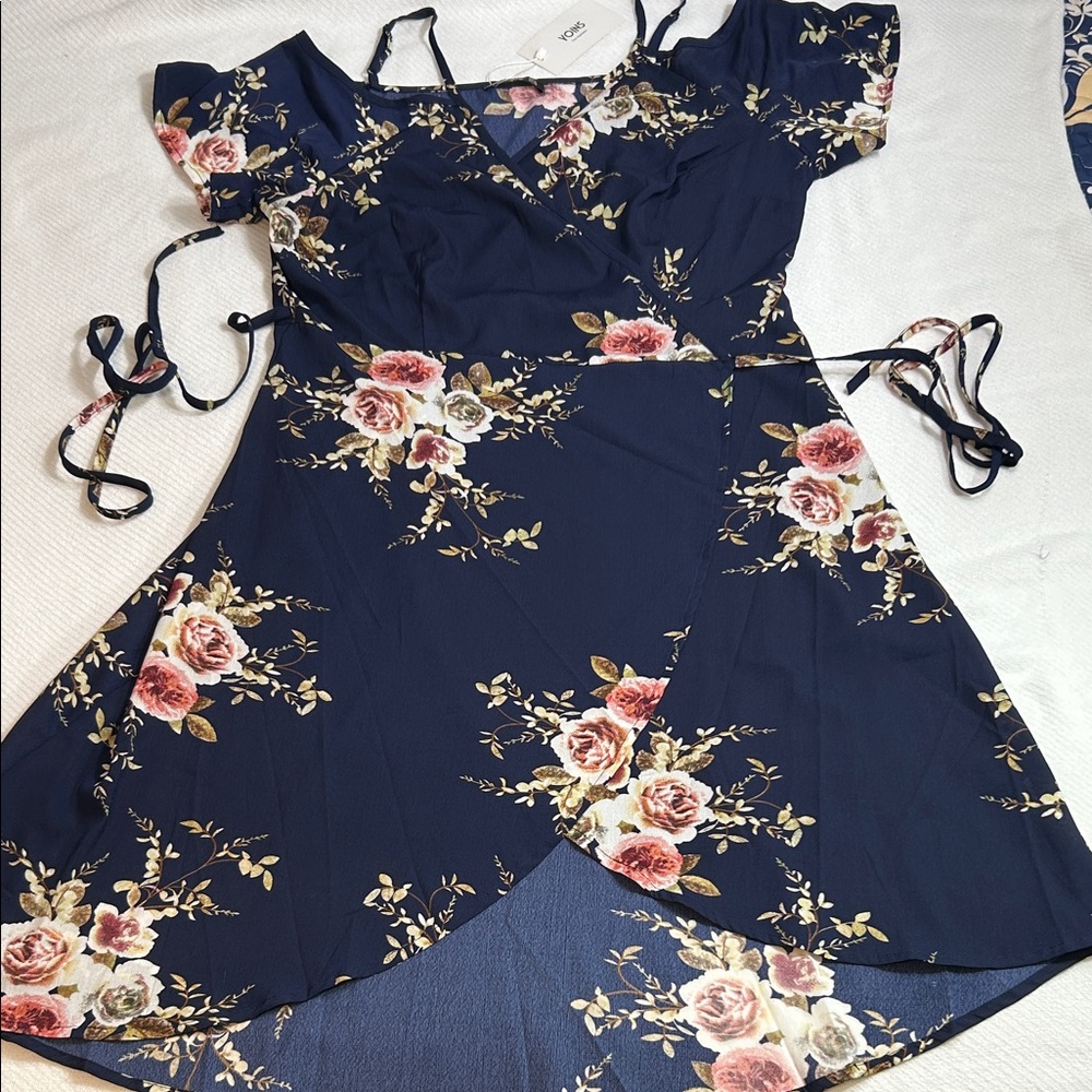 YOINS Navy Floral Wrap Dress